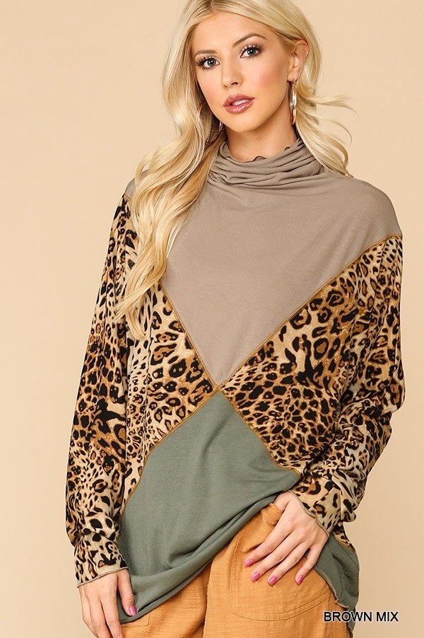 Solid And Animal Print Mixed Knit Turtleneck Top With Long Sleeves - bertofonsi