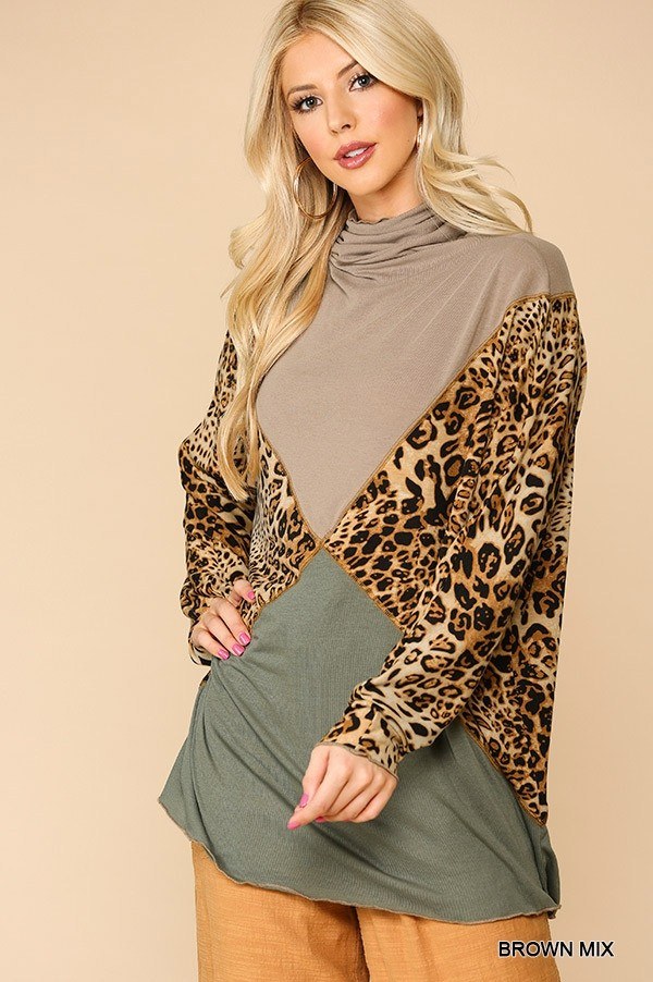 Solid And Animal Print Mixed Knit Turtleneck Top With Long Sleeves - bertofonsi
