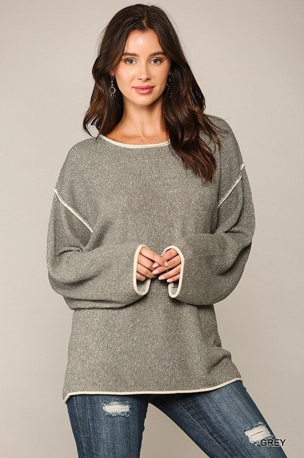 Two-tone Sold Round Neck Sweater Top With Piping Detail - bertofonsi