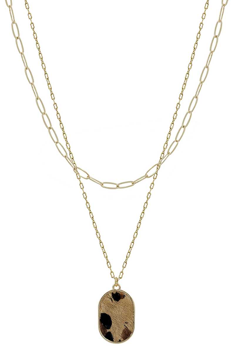 2 Layered Metal Chain Oval Leopard Pendant Necklace - bertofonsi