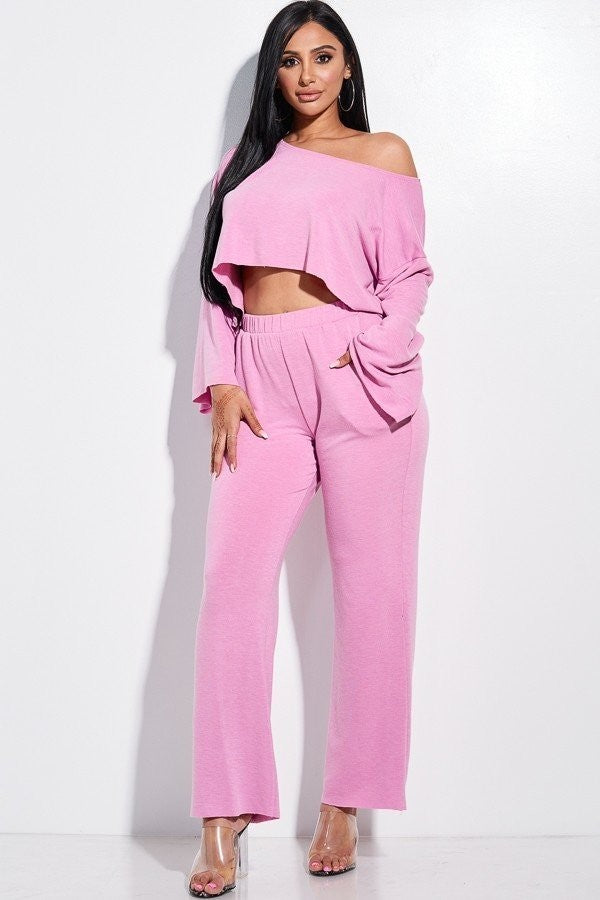 Solid French Terry Long Slouchy Long Sleeve Top And Pants With Pockets Two Piece Set - bertofonsi