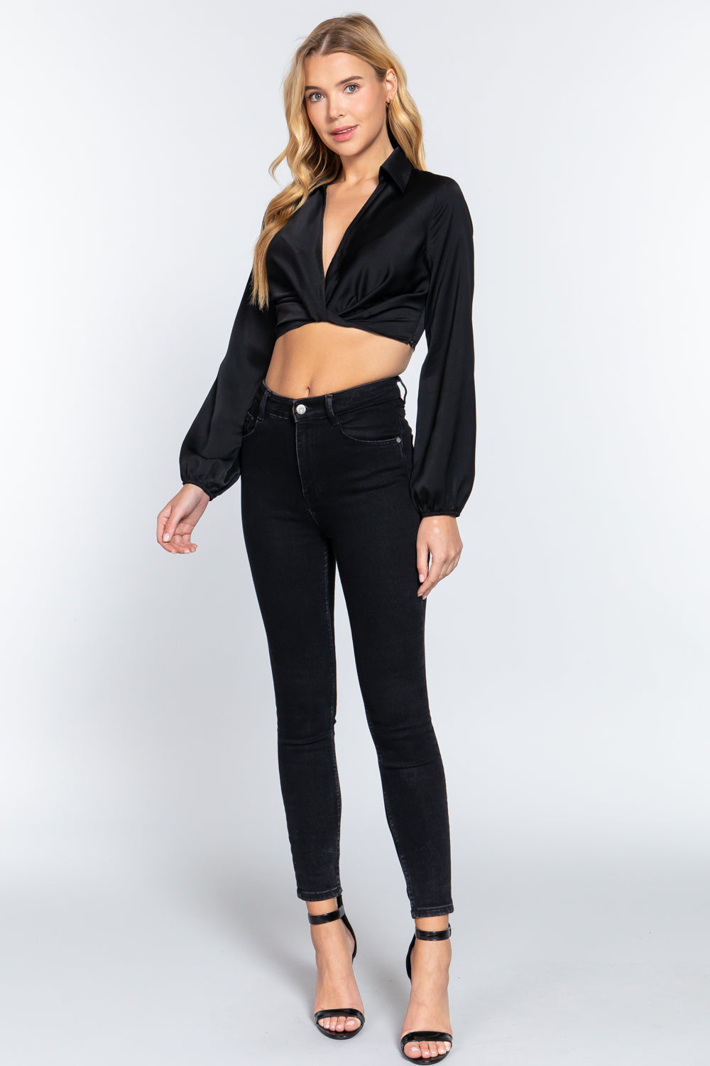 Long Sleeve Notched Collar Front Twisted Detail Crop Woven Top - bertofonsi