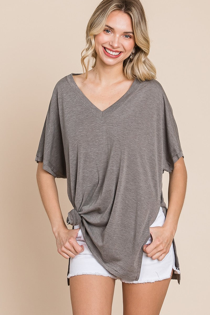 Solid V Neck Casual And Basic Top With Short Dolman Sleeves And Side Slit Hem - bertofonsi