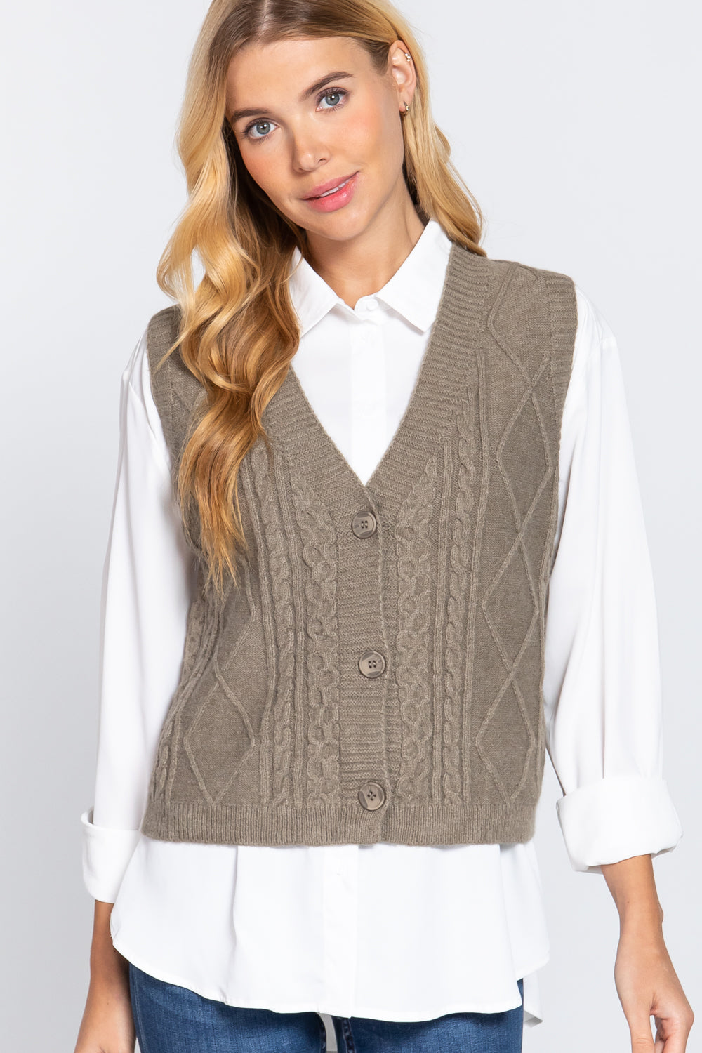 V-neck Cable Sweater Vest Cardigan - bertofonsi