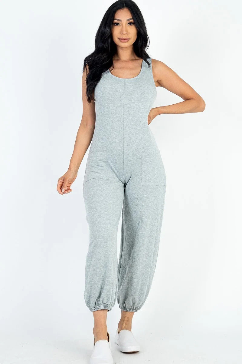Casual Solid French Terry Sleeveless Scoop Neck Front Pocket Jumpsuit - bertofonsi