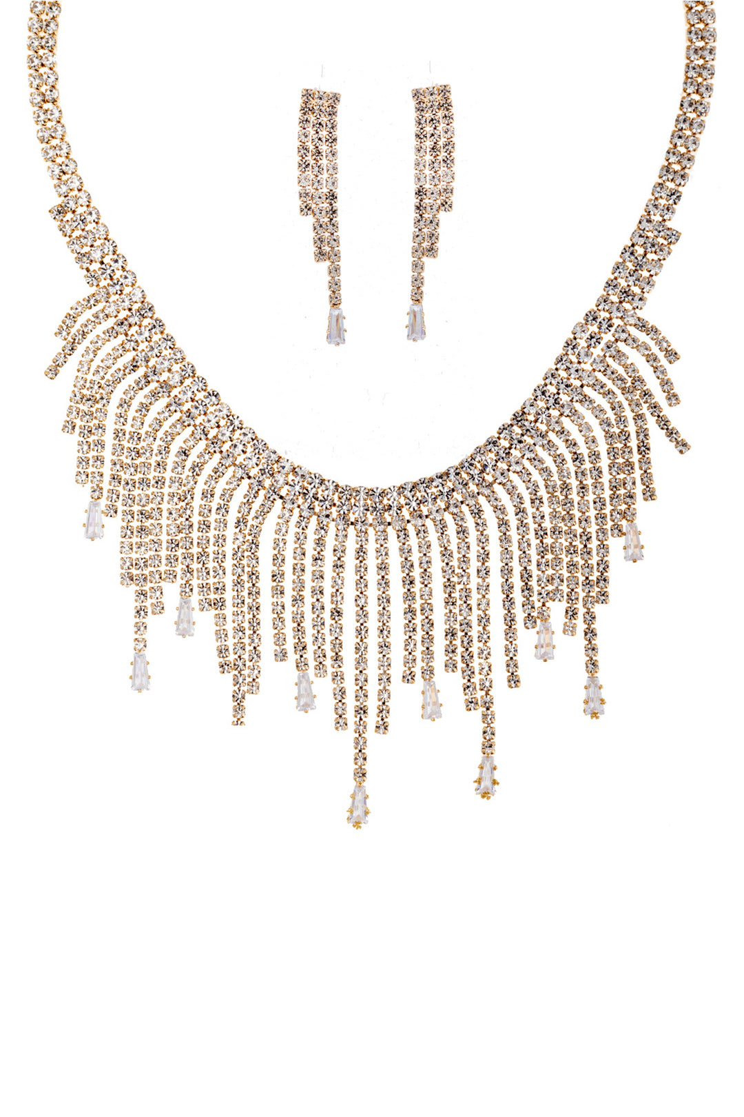 Rhinestone Crystal Baguette Fringe Necklace And Earring Set - bertofonsi