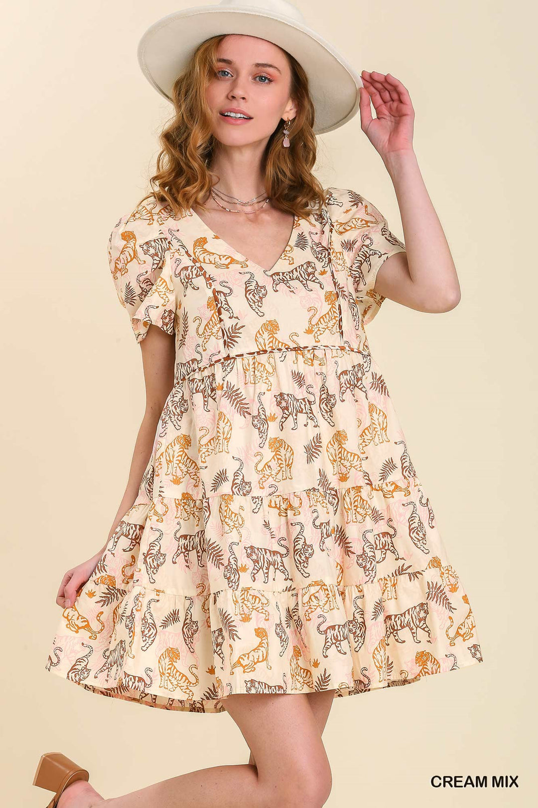 Animal Print V-neck Short Sleeve Dress With Piping Detail No Lining - bertofonsi