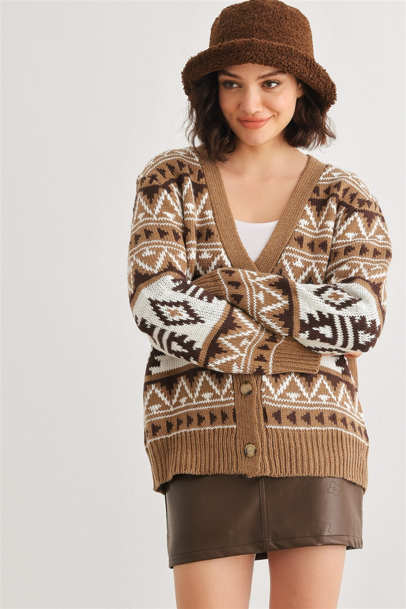 Fair Isle Knit Button-up Long Sleeve Cardigan Sweater - bertofonsi