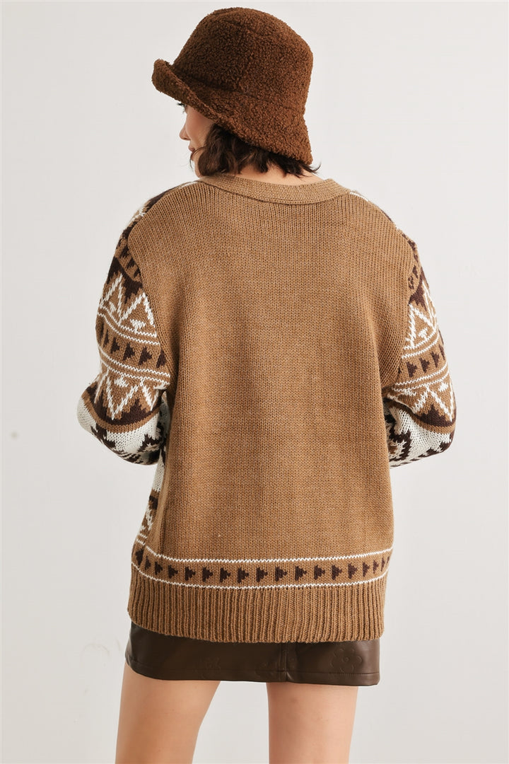 Fair Isle Knit Button-up Long Sleeve Cardigan Sweater - bertofonsi