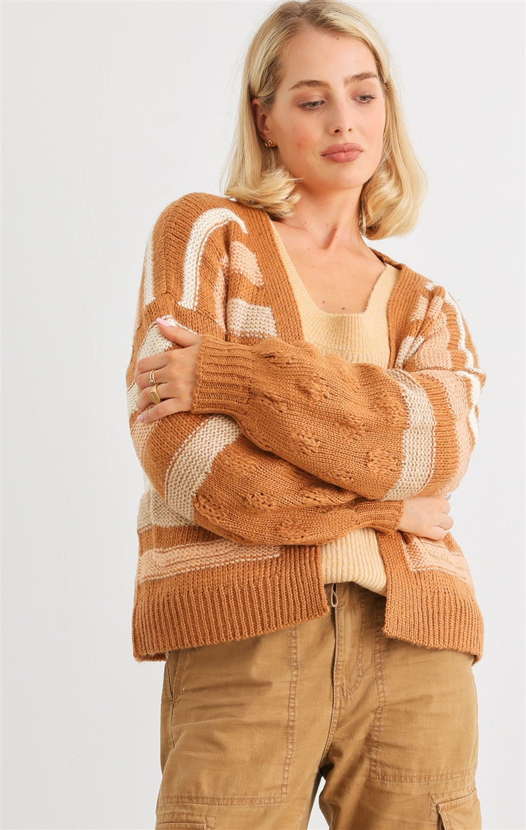 Camel Striped Crochet Knit Two Pocket Open Front Cardigan - bertofonsi