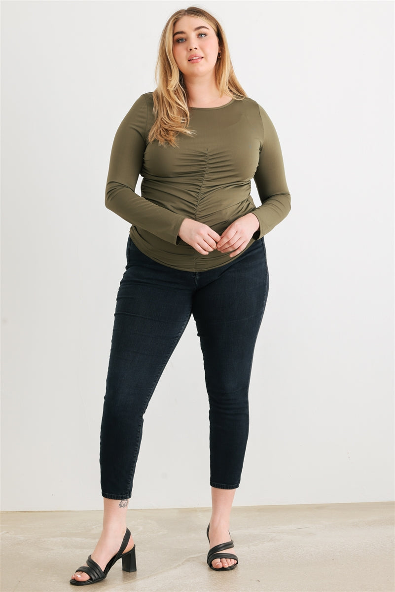 Plus Olive Ruched Long Sleeve Top - bertofonsi