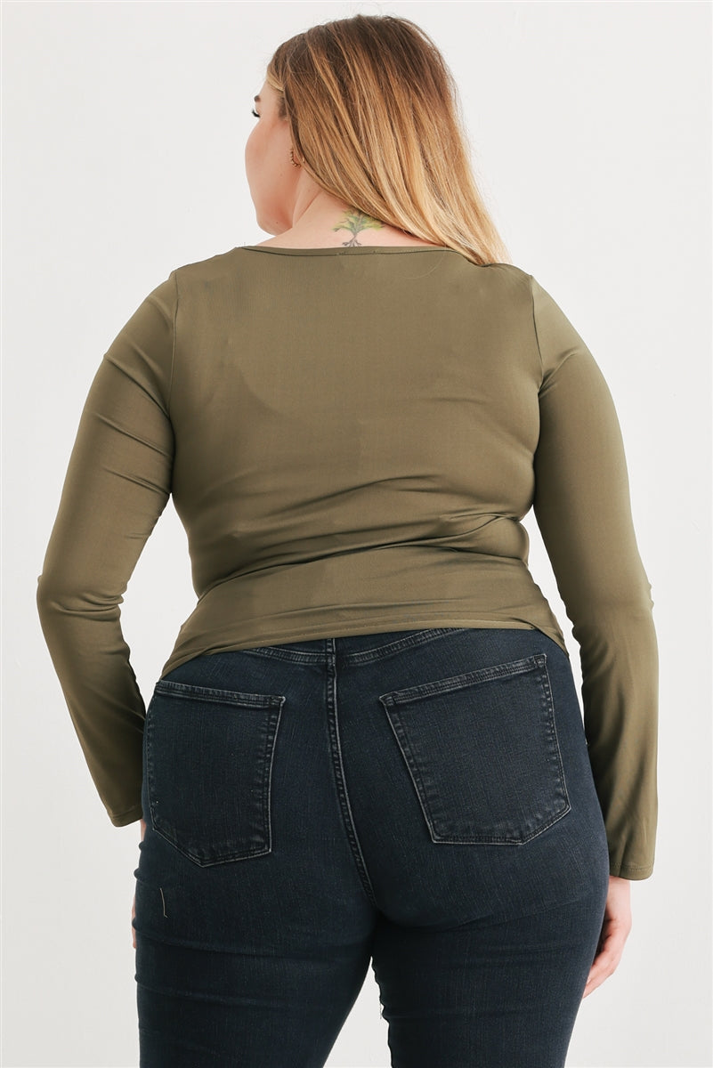 Plus Olive Ruched Long Sleeve Top - bertofonsi