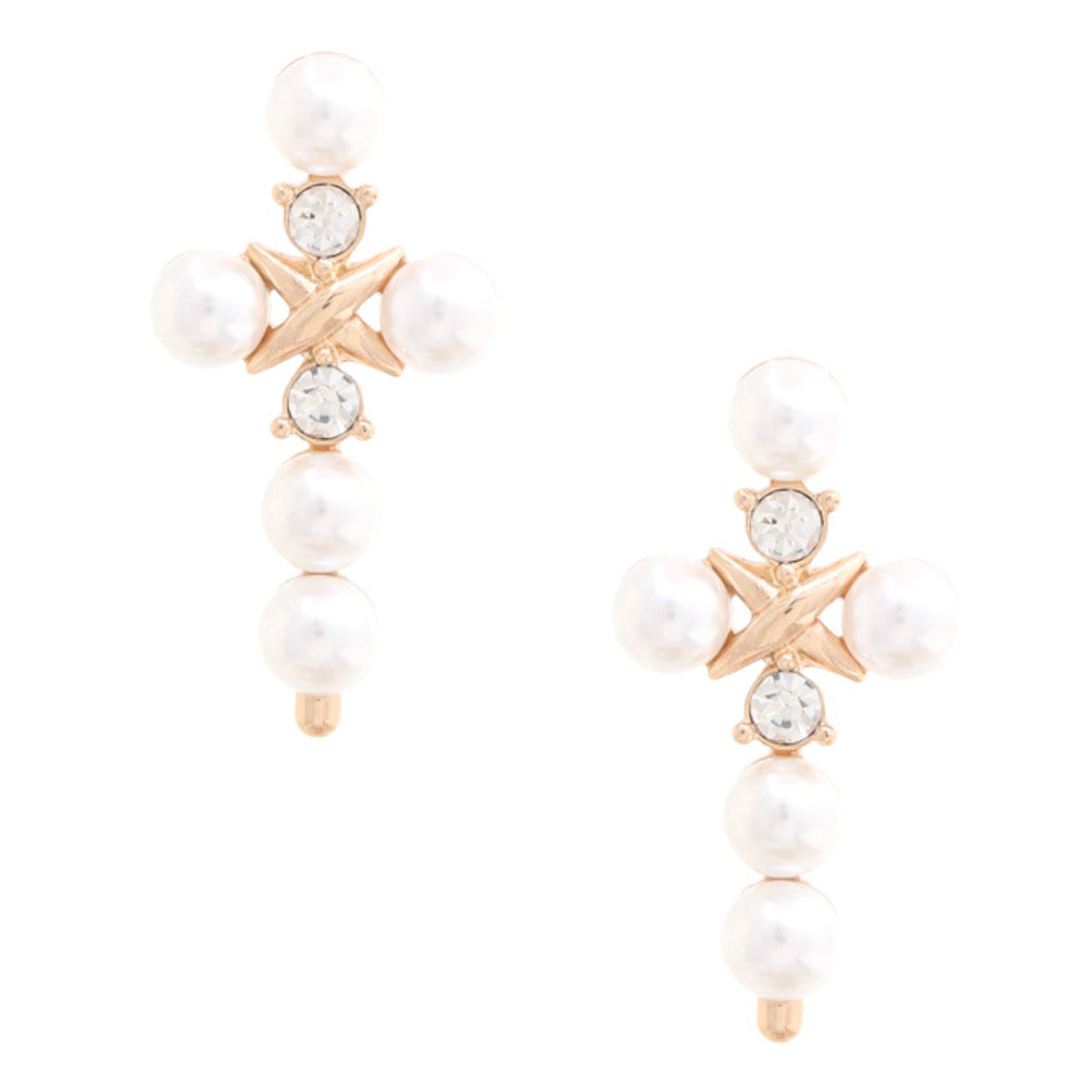 Pearl Bead Cross Dangle Earring - bertofonsi