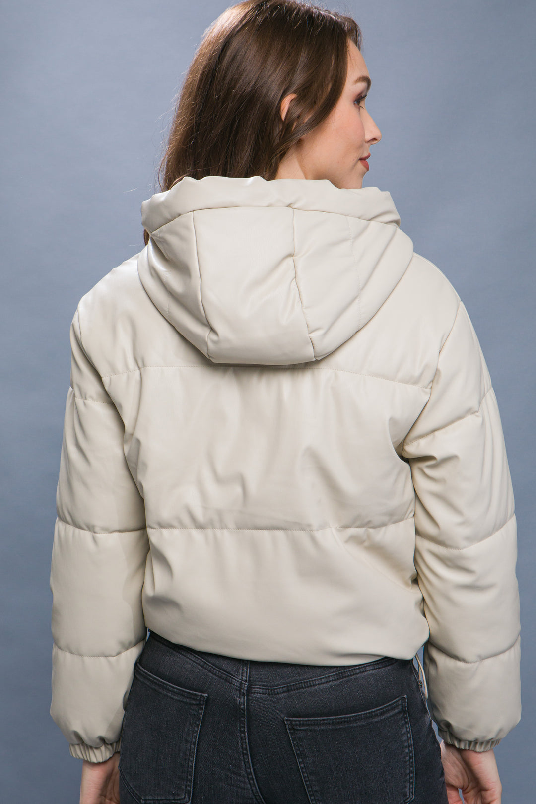 Pu Faux Leather Zipper Hooded Puffer Jacket - bertofonsi