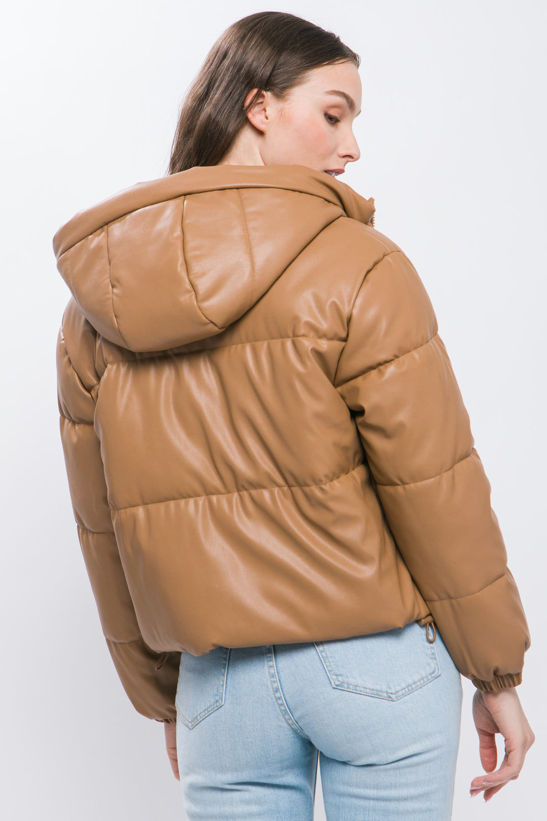Pu Faux Leather Zipper Hooded Puffer Jacket - bertofonsi