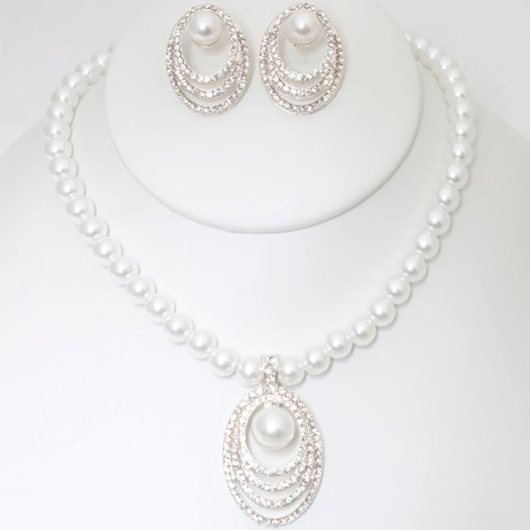 Rhinestone Pearl Necklace And Earring Set - bertofonsi