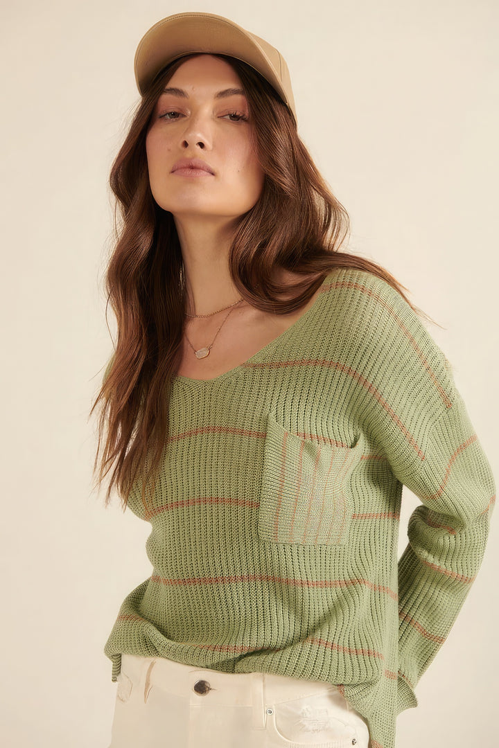 Striped Rib-knit Oversized Pocket Sweater - bertofonsi