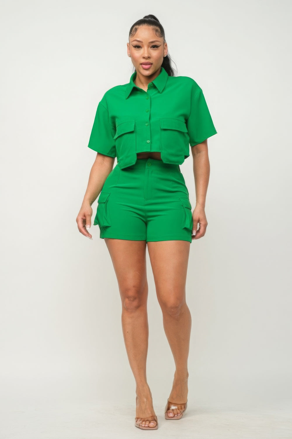 Front Button Down Side Pockets Top And Shorts Set - bertofonsi