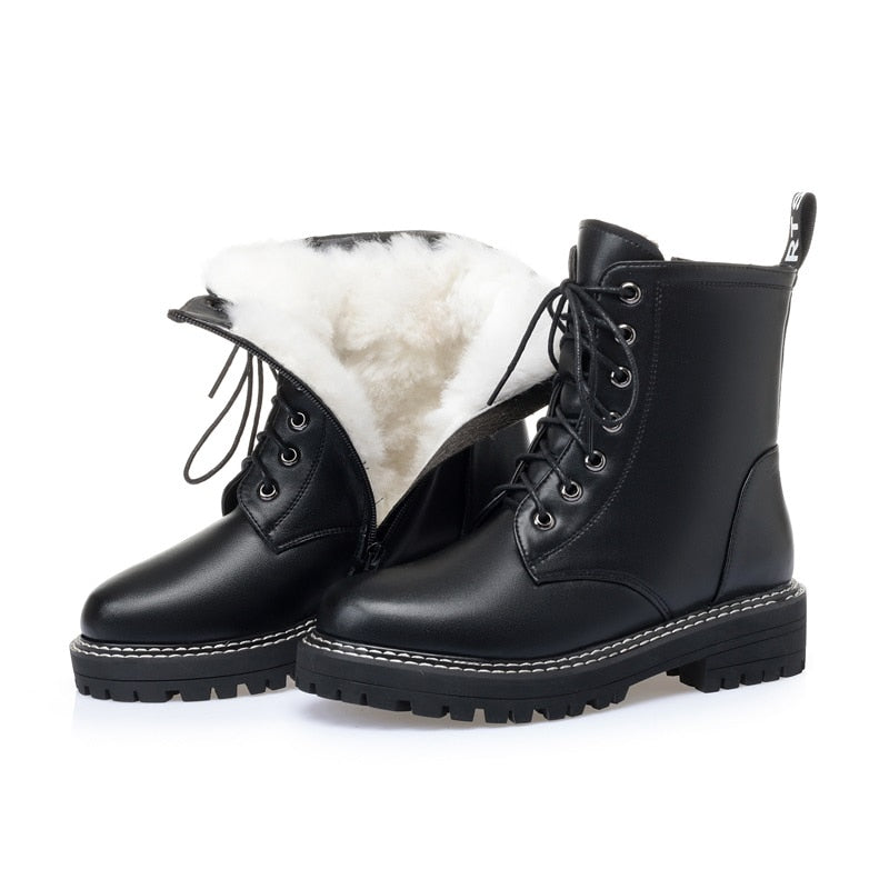 2020 winter new leather women boots round toe mid-heel thick heel British retro  boots plush warm furry boots for women - bertofonsi
