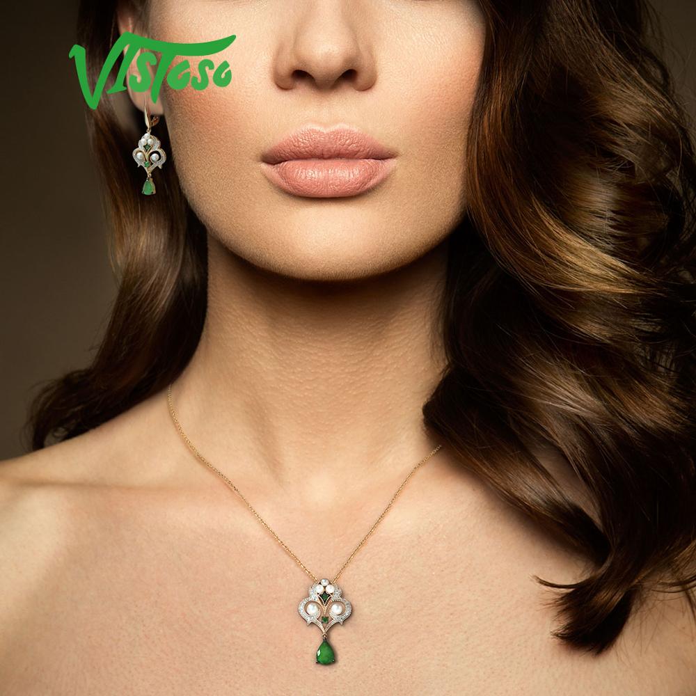 VISTOSO Gold Pendants For Women Authentic 14K 585 Yellow Gold Magic Emerald Fresh Water Pearl Diamond Elegant Fine Jewelry - bertofonsi