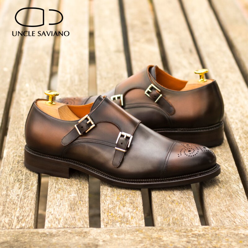 Uncle Saviano Double Monk Brown Buckle Strap Mens Shoes Fashion Solid Designer Luxury Genuine Leather Handmade Shoes for Men - bertofonsi