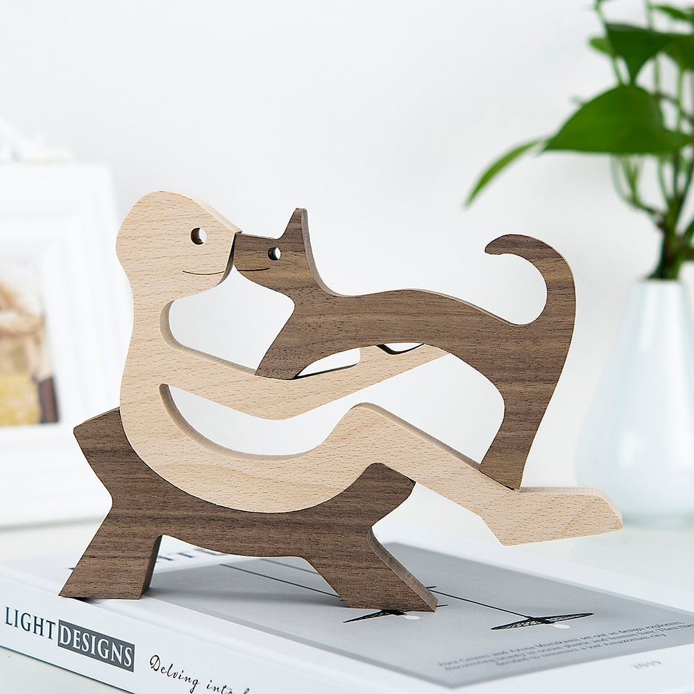 Family Puppy Wood Dog Craft Figurine Desktop Table Ornament Carving Model Home Office Decoration Pet Sculpture Christmas Gift - bertofonsi