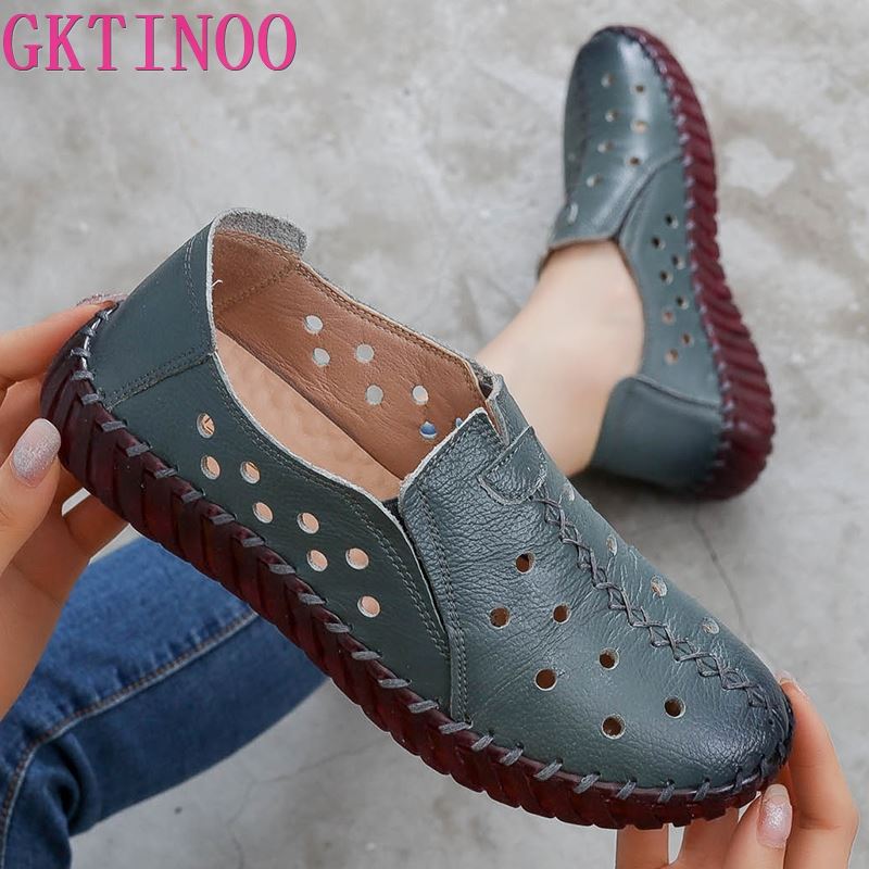 GKTINOO Summer Genuine Leather Shoes New Fashion Women Shoes Woman For Mom Women&#39;s Flats Comfortable Handmade Pregnant Hole Shoe - bertofonsi