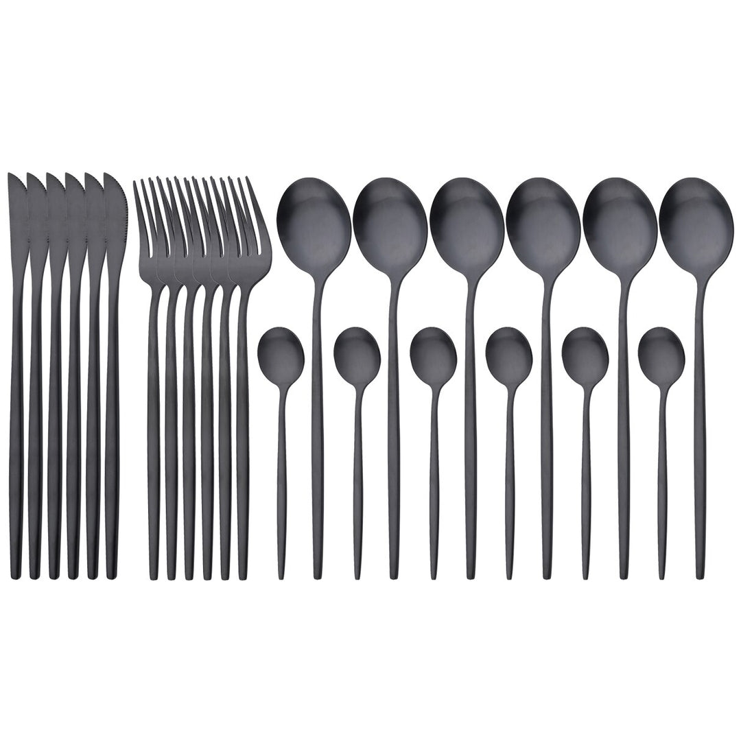 24Pcs Black Gold Dinnerware Set Stainless Steel Cutlery Set Knives Fork Spoons Dinner Set Home Kitchen Silverware Tableware Set - bertofonsi