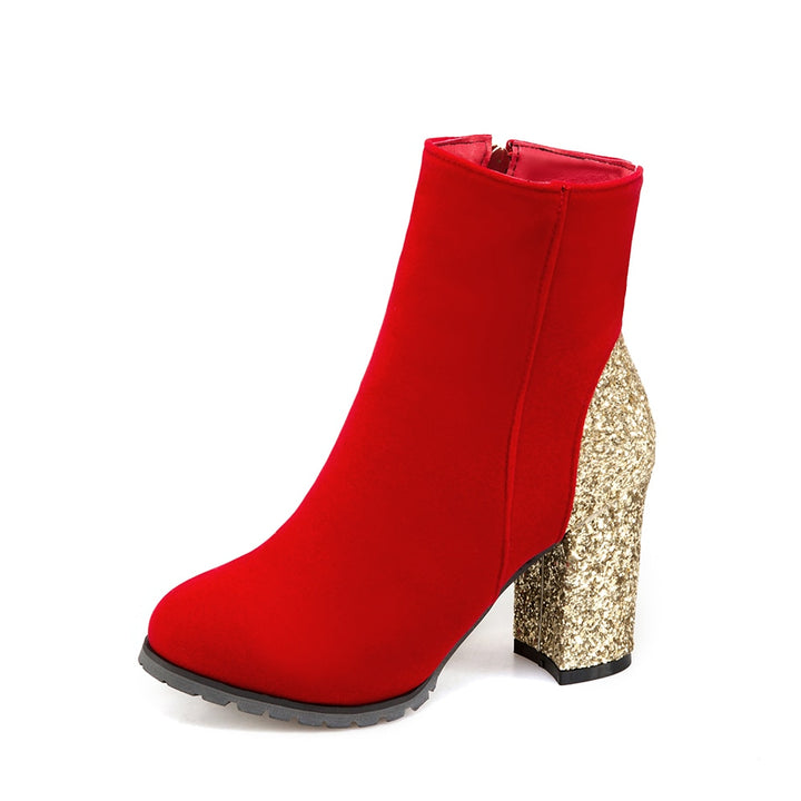 Women Shoes Fashion Pu Sequin Ankle Boots Thick High Heels Zipper Round Toe Autumn Winter Shoes Woman Red Black Gold Silver 2018 - bertofonsi