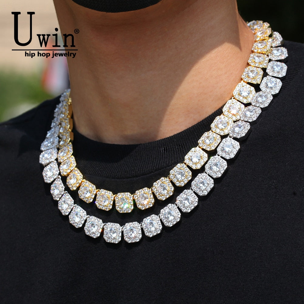 Uwin 12mm Square Iced Out Flower Tennis Chains Cubic Zirconia  Hiphop Necklace&amp;Bracelet Luxury Copper Iced Out Jewelry - bertofonsi