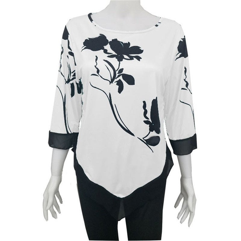New Spring Oversized Women T Shirt Casual Irregular O-Neck Lace Splice Floral Printing Tee Shirt Women&#39;s Tops Pullovers Clothing - bertofonsi