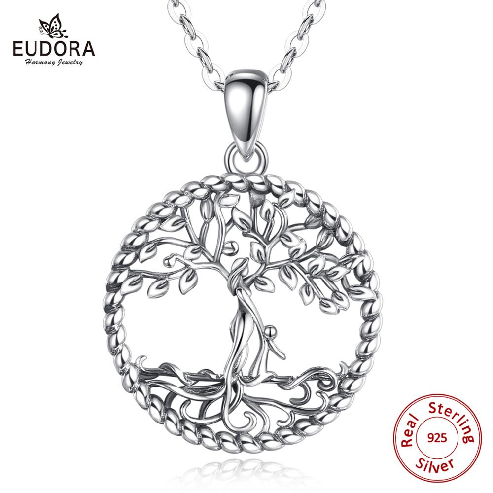 EUDORA 925 Sterling Silver Tree of life Pendant Necklace Solid silver Tree leaf & goddess women necklace Jewelry with box D475 - bertofonsi