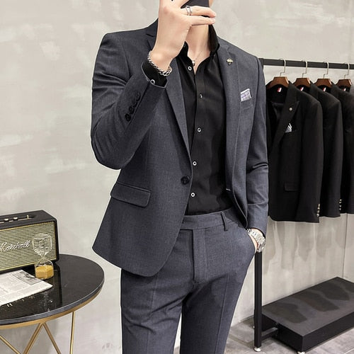 Men&#39;s Suit Jacket with Pant Formal Slim Fit Business Work Wedding Stage Tuxedo Fashion Best Men Social Dress Suit 2 Pieces Sets - bertofonsi
