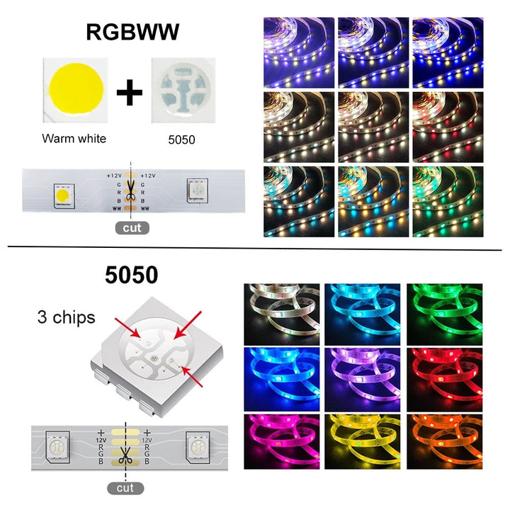 5M-30M LED Strip Light Bluetooth RGBWW SMD 5050 LED Lights DC12V RGB Led tape diode ribbon Flexible APP Phone Control+adapter - bertofonsi