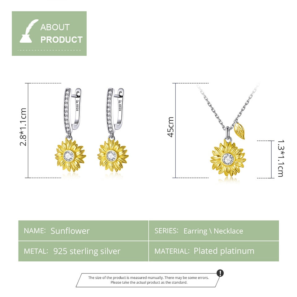 bamoer Silver Sunflower Jewelry Set 925 Sterling Silver Gold Color Lucky Necklace Earring Gift for Women Fashion Jewelry  ZHS222 - bertofonsi