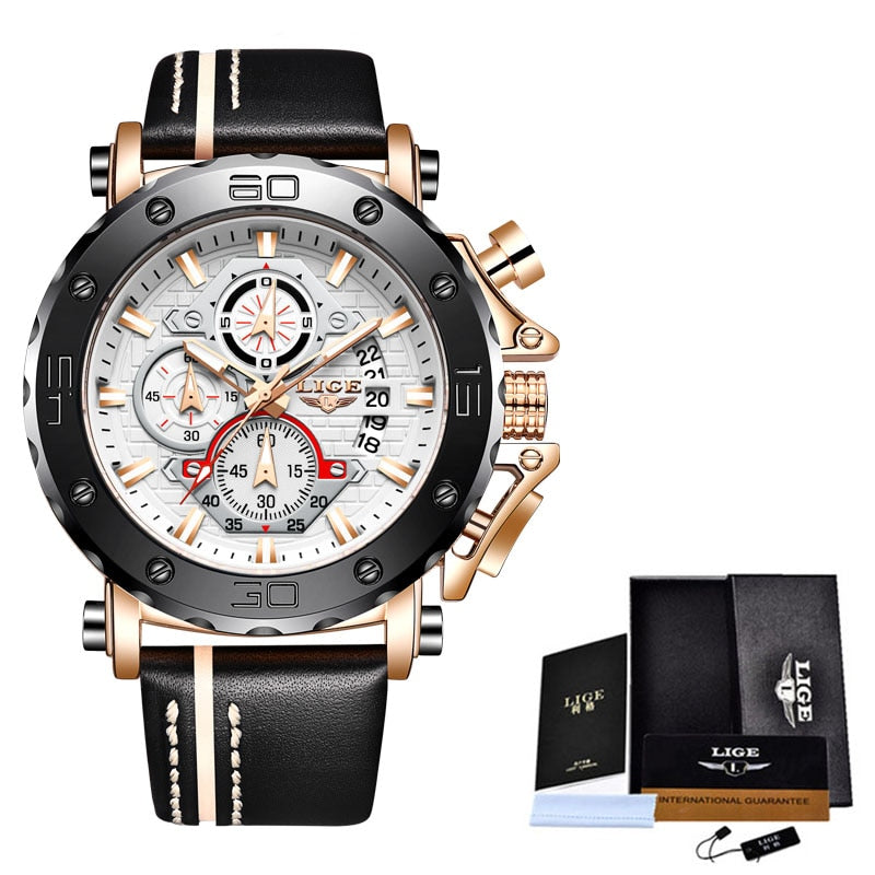 LIGE 2022 New Business Learther Mens Watches Top Brand Luxury Quartz Watch For Men Waterproof Sport Big Dial Military Wristwatch - bertofonsi