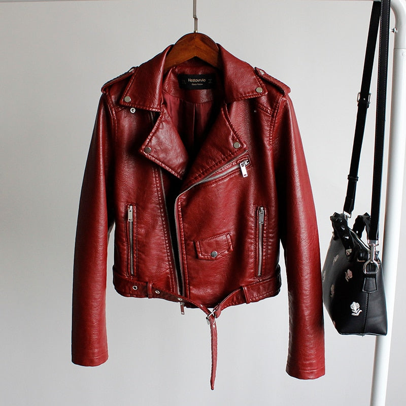 New 2022 Fashion Women&#39;s Leather Jacket Female PU Leather Jacket Motorcycle Coat Slim Faux Leather Jacket Black Red Coat - bertofonsi