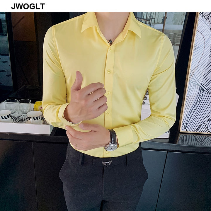 40kg-75kg Small Asian Size Fashion New Mens Shirt Korea Styles Long Sleeve Slim Fit Yellow Green White Casual Social Shirts - bertofonsi