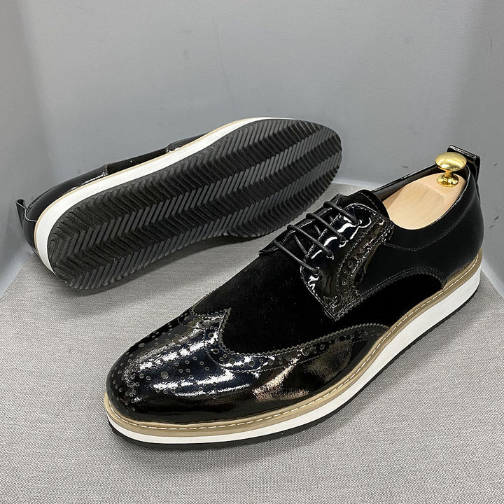 British Style Classic Mens Business Casual Shoes Patent Leather Suede Wingtip Brogue Oxfords Black Flat Fashion Shoes for Men - bertofonsi