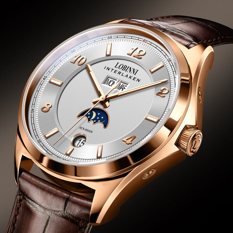 Switzerland Luxury Brand LOBINNI Automatic Mechanical Men&#39;s Watch Multi-function Sapphire Luminous Hands Moon Phase Clock L18016 - bertofonsi