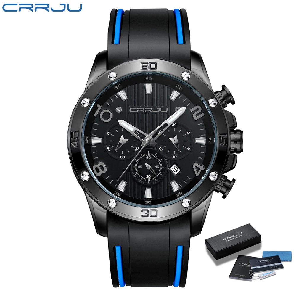 CRRJU Men's Watch Chronograph Outdoor Sports Waterproof Watches Luminous Display Quartz Rubber Clock Relogio Masculino - bertofonsi