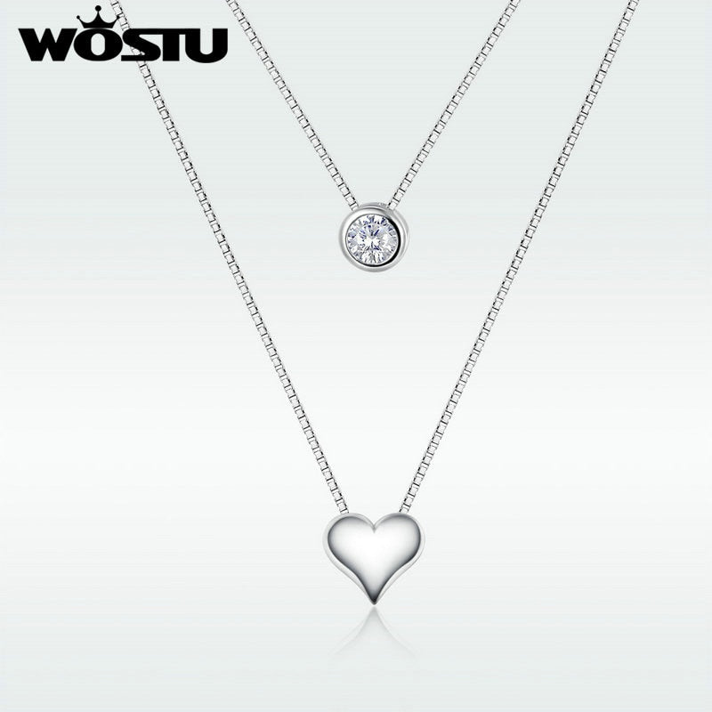 WOSTU Korean Double Pendant Necklace Love Heart & Circle Round Zircon Long Chain Necklace For Women fashion Jewelry FFN087 - bertofonsi