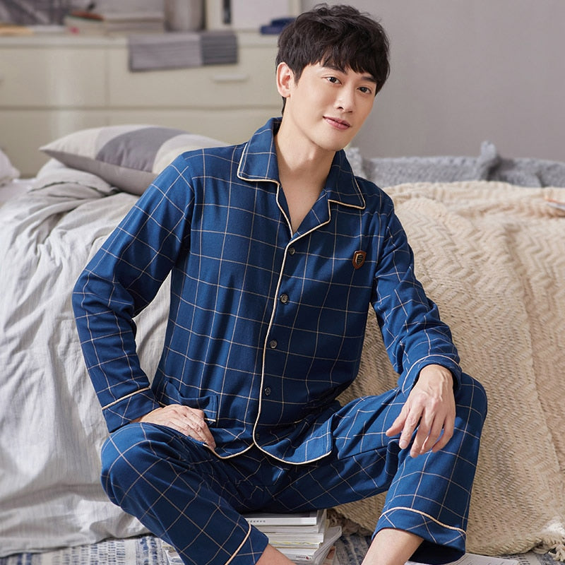 100% Cotton Pijama for Men 2 Pieces Lounge Sleepwear Pyjamas Plaid Autumn Bedgown Home Clothes Man PJs Pure Cotton Pajamas Set - bertofonsi