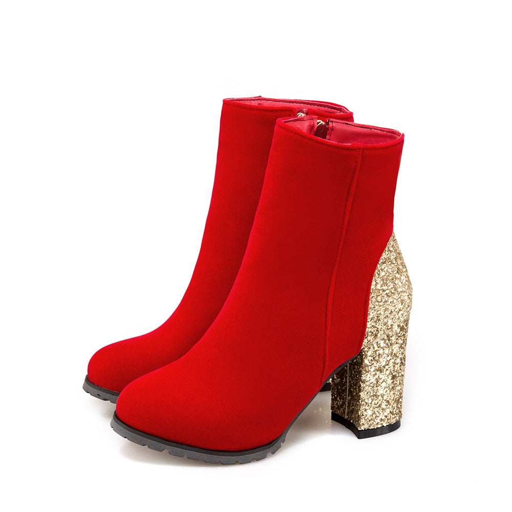 Women Shoes Fashion Pu Sequin Ankle Boots Thick High Heels Zipper Round Toe Autumn Winter Shoes Woman Red Black Gold Silver 2018 - bertofonsi