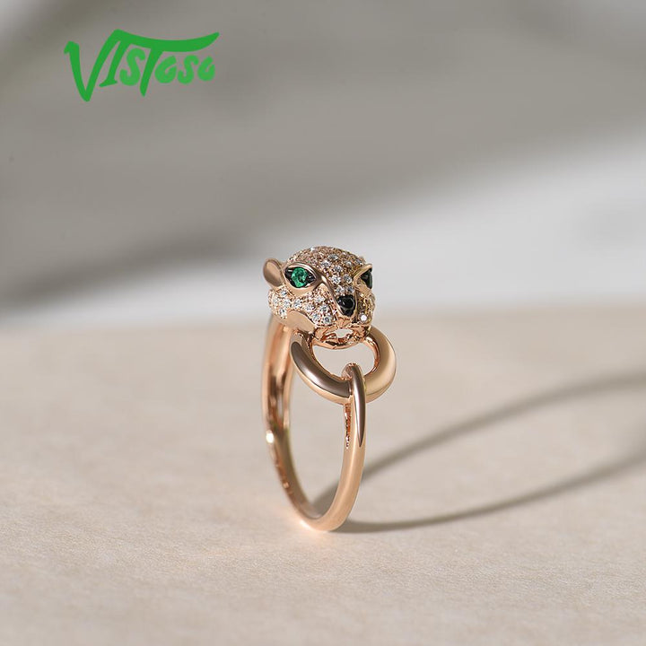 VISTOSO Gold Ring For Women Genuine 14K 585 Rose Gold Leopard Ring Emerald Sparkling Diamond Engagement Anniversary Fine Jewelry - bertofonsi