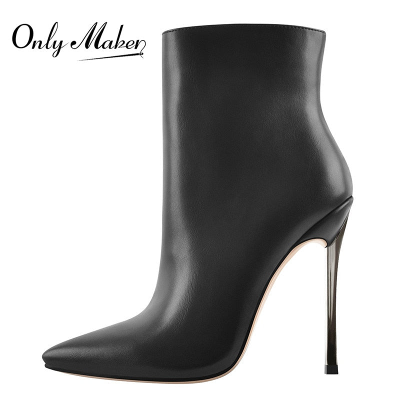 Onlymaker Ankel Boots Women&#39;s Poited Toe Metal Thin High Heel Side Zipper Fashion Black Red Winter Warm Booties - bertofonsi