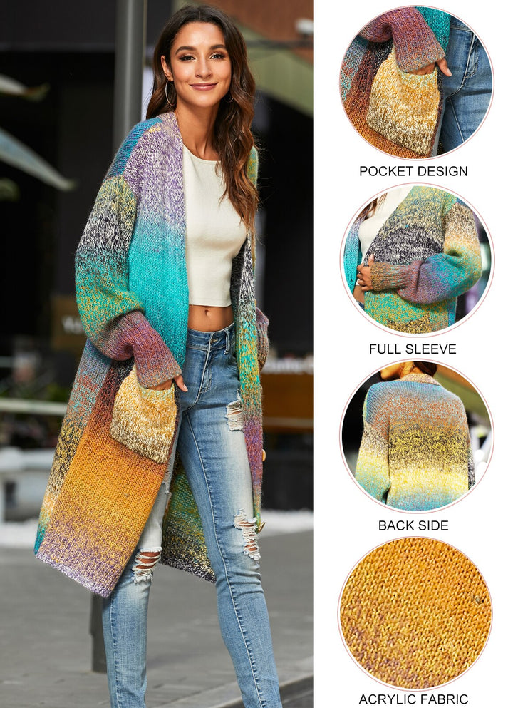 CGYY Lightweight Rainbow Color Striped  Loose Causal  Long Sleeve Open Front Breathable Women Cardigan Sweater With Pockets - bertofonsi