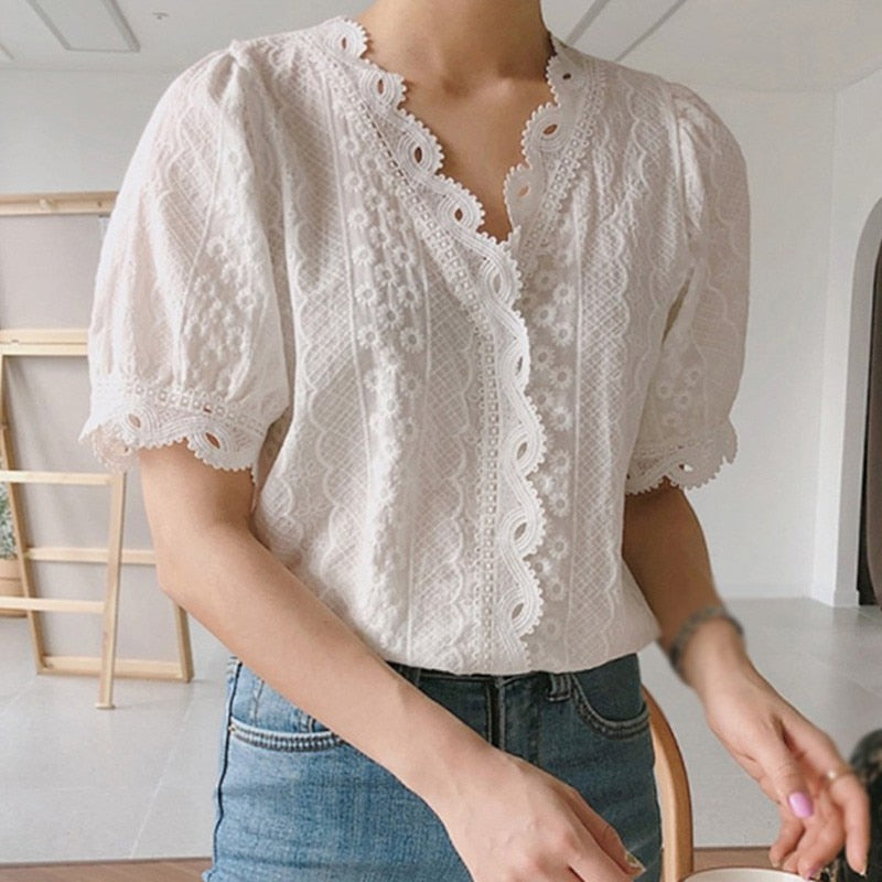 Office Ladies Lace Border Shirt Fashion Women Hollow Out White Blouse Simple Casual V-Neck Short Sleeve Blouses and Tops - bertofonsi
