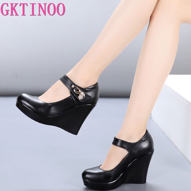 GKTINOO 2022 Spring Autumn Genuine Leather Women&#39;s Fashion High Heels Pumps Wedges Black Color Female Platform Shoes Large size - bertofonsi