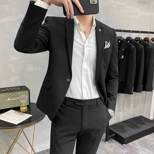 Men&#39;s Suit Jacket with Pant Formal Slim Fit Business Work Wedding Stage Tuxedo Fashion Best Men Social Dress Suit 2 Pieces Sets - bertofonsi